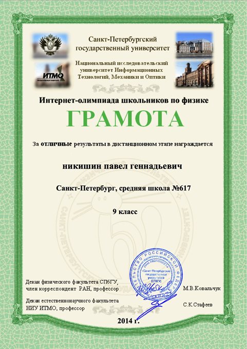 2013-2014 Никишин Павел 9а (ИО-физика) 1 тур